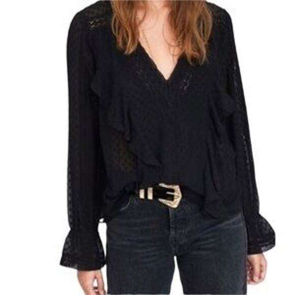 Zara Swiss Dotted Ruffle Detail Semi Sheer Long Sleeve V Neck Blouse XS Black - Picture 1 of 15